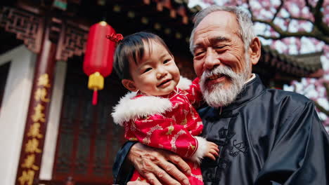 grandparent holding grandchild in traditional chinese attire