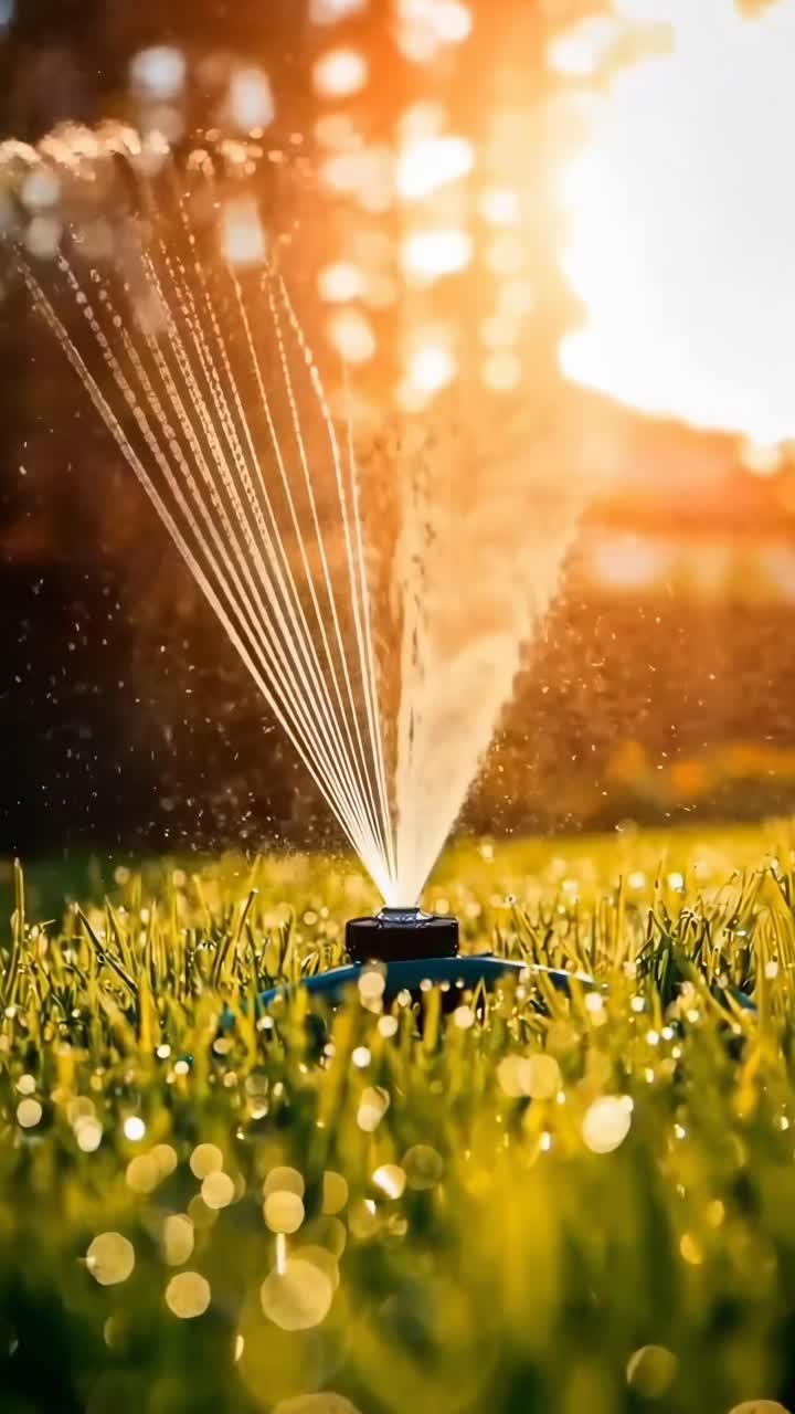 Ripresa video dal basso di un irrigatore che annaffia l'erba al tramonto, con bokeh e tonalità calde.