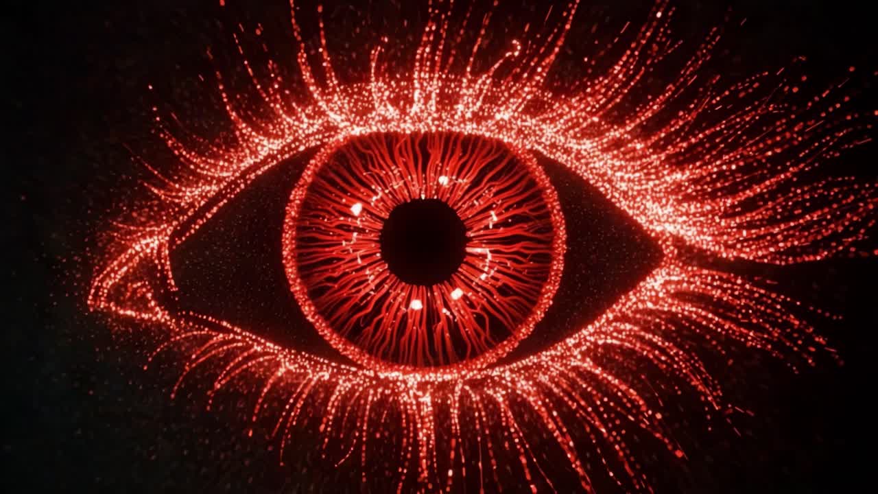 A Stunning Visualization of an Eye with Radiating Particles, Emitting a Red Glow and Showcasing Intricate Details of the Iris and Eyelashes in a Digital Artwork