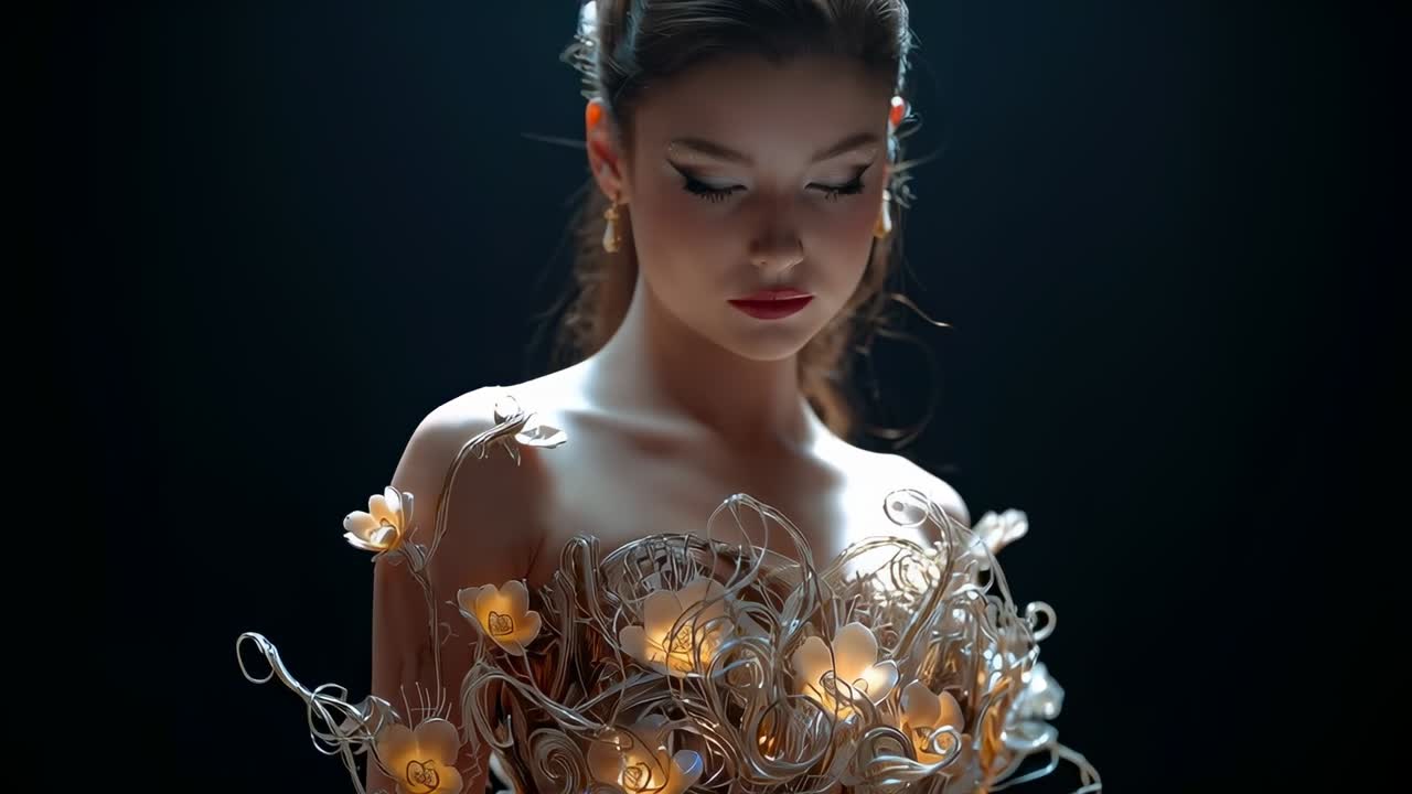 カメラを引くと、ガウンを着たモデルがスタジオでポーズをとり、LEDの花を展示している様子が見えます。