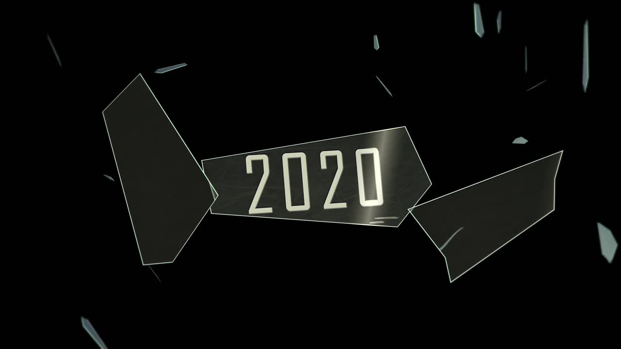 Anno: 2020 - Frammenti di vetro volano verso di noi dopo un'esplosione - motion design - Incluso: versione senza testo e maschera di tracciamento - 4K
