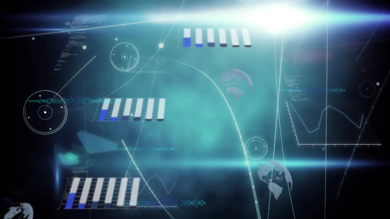 Central cyan flare pulsing, sending streaks, HUD bars and globe icons fading in to visualize data