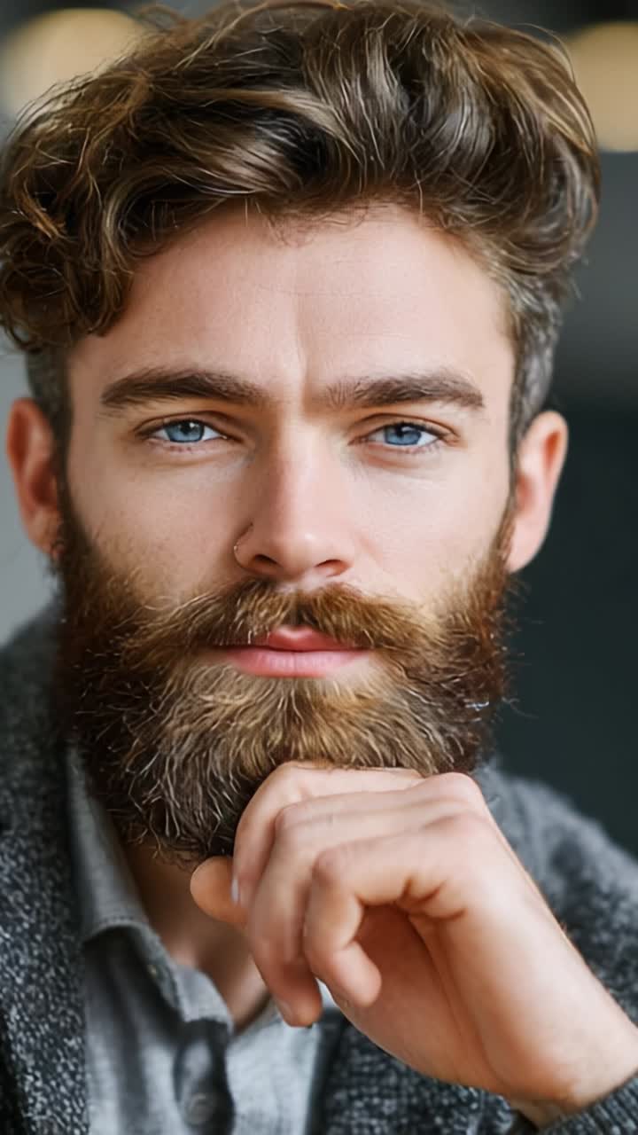 Ritratto ravvicinato di un uomo con barba folta e occhi azzurri, che esprime sicurezza e profondità nello sguardo, immortalato in un'atmosfera con illuminazione soffusa