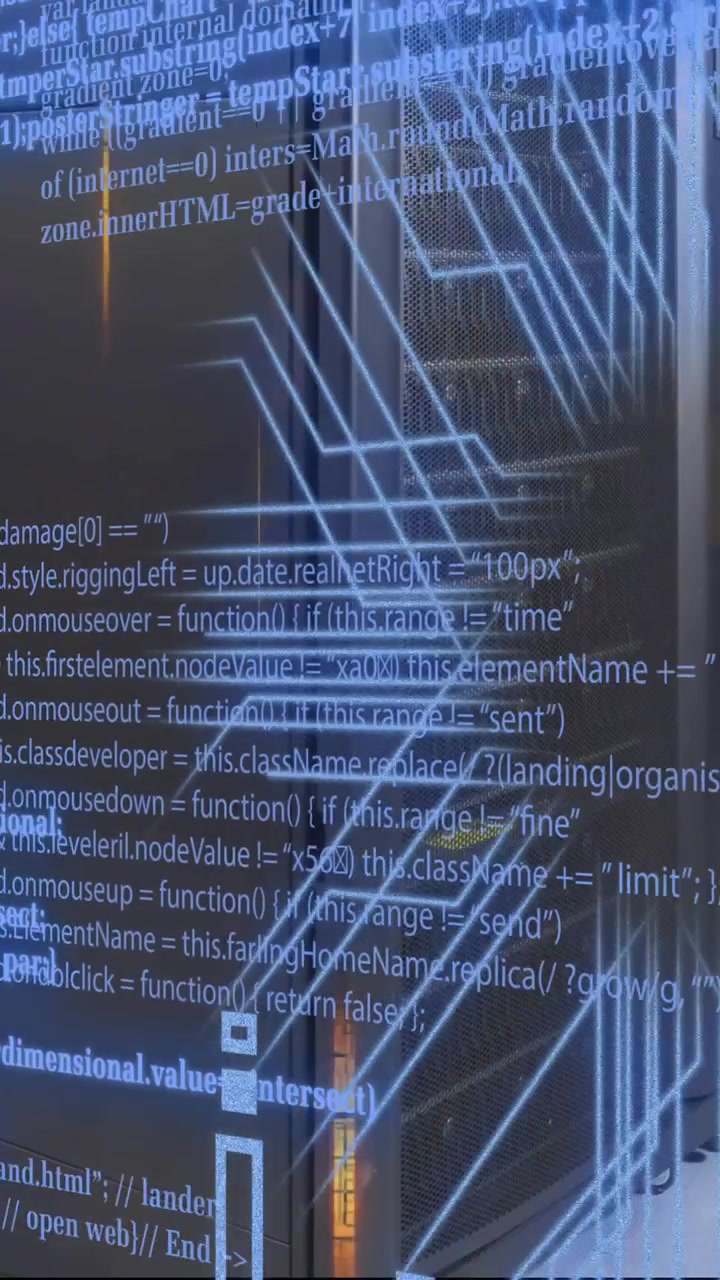 Animation of digital data processing and circuit board over computer servers