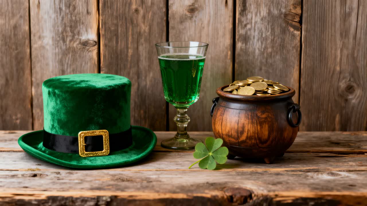 Showing camera starting zoom over setup on worn table highlighting hat, goblet, clover, pot of gold