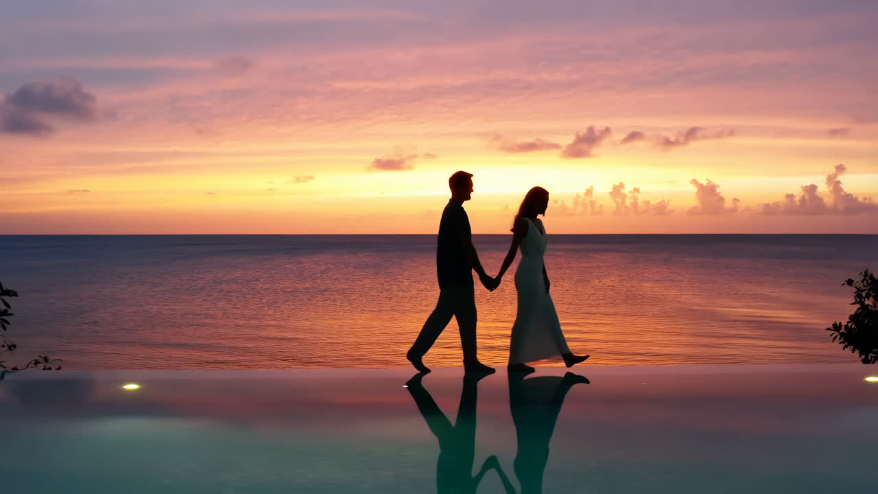 Romantic Couple Walking by Infinity Pool at Sunset