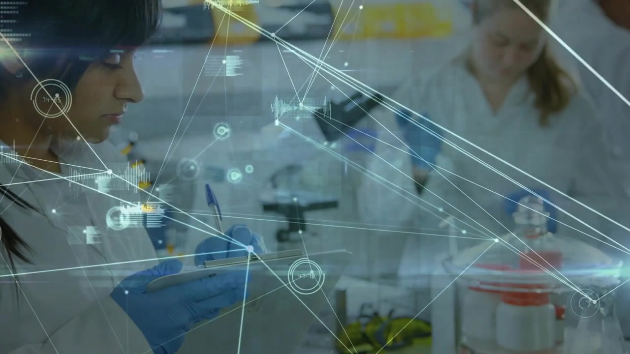 Right scientist pipetting and causing scientist writing sample notes under network overlay in lab