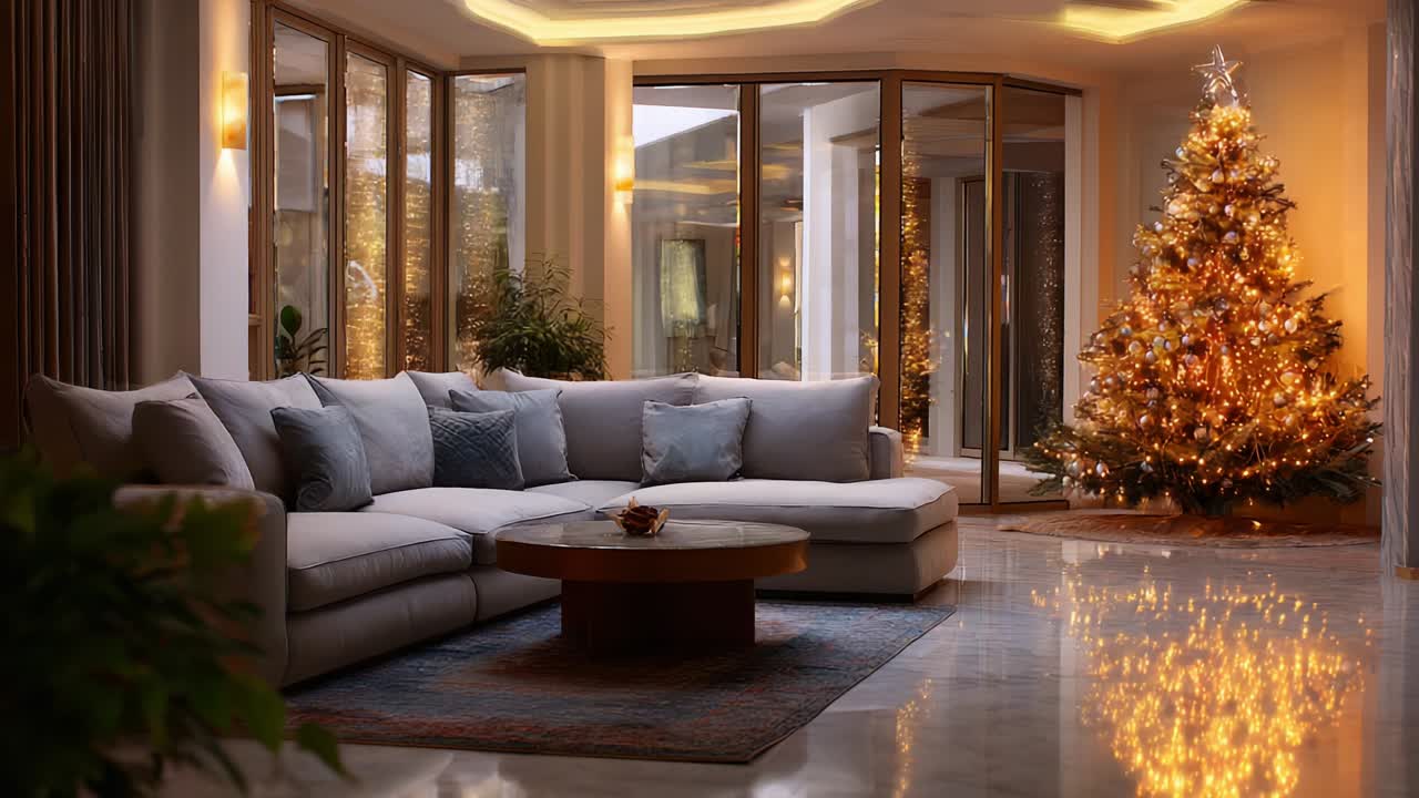 A Cozy Living Room Scene Featuring an Elegant Christmas Tree with Twinkling Lights, Surrounded by Warm, Inviting Atmosphere Captured in Soft Ambient Lighting and Stylish Contemporary Furniture