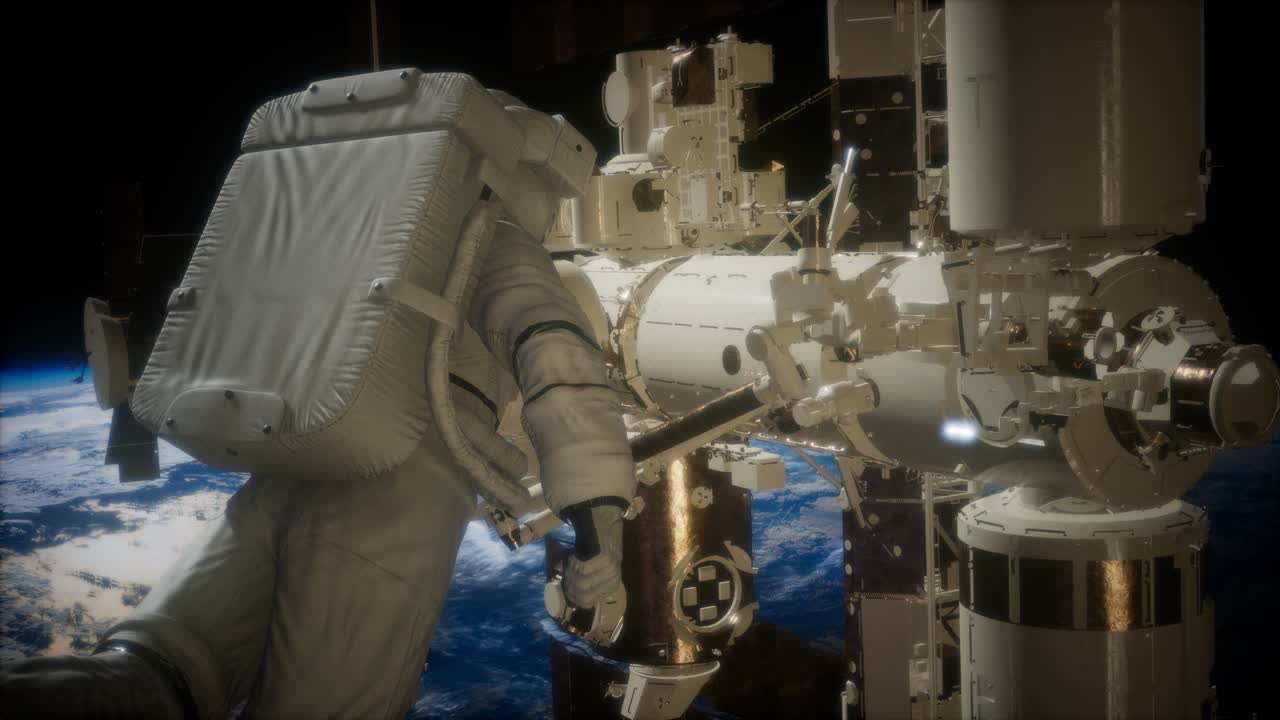 Stazione Spaziale Internazionale e astronauta nello spazio sopra il pianeta Terra