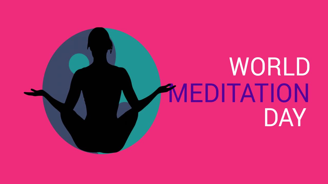 Animazione del testo Giornata Mondiale della Meditazione con silhouette di donna che medita su sfondo rosso