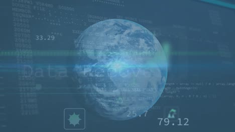 Animation-of-data-processing-and-globe-in-green-space