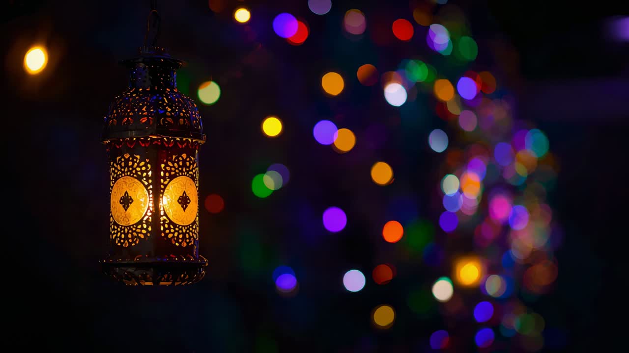 Flickering bulb in ornate lantern shifting patterns in dim room for decor, with bokeh, copy space