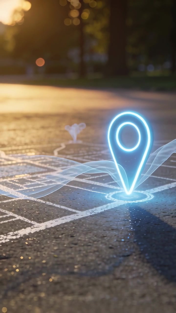 Vertical video: Pulsing pin sending ribbons across pavement at park, marking spot on map