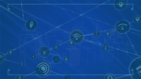 animation of network of digital icons over 3d city model spinning against blue background