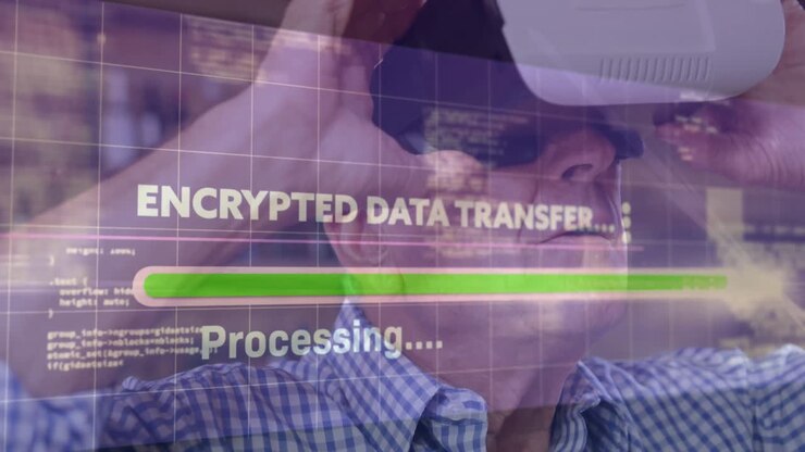 Animation of data processing over man using vr headset