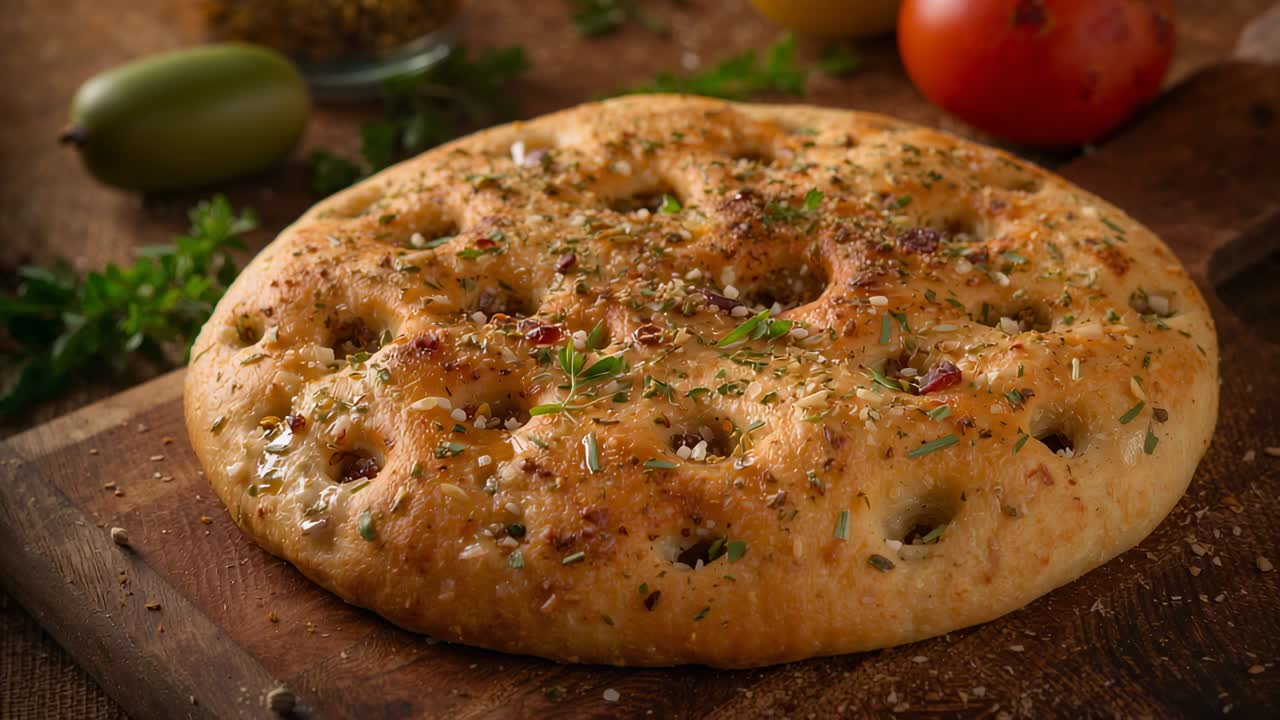 Sliding camera tightening view on round focaccia on cutting board, revealing texture, herbs, tomato