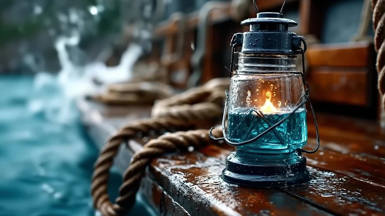 A blue lantern sitting on top of a wooden dock next to the ocean