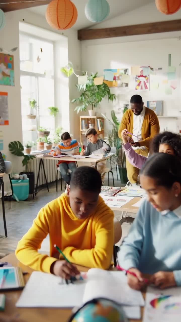 Una vivace scena in classe da un angolo elevato, che cattura studenti e insegnante in un video