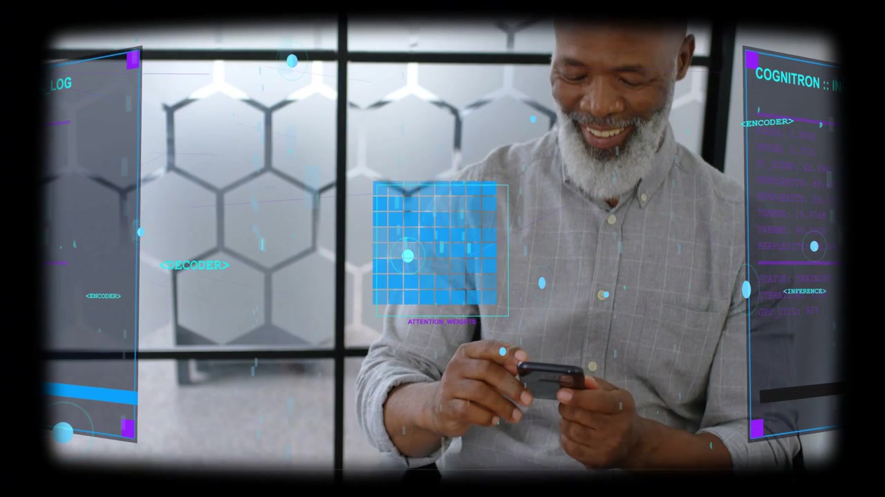 Man tapping smartphone in design studio, initiating holographic UI, reviewing swatches and smiling