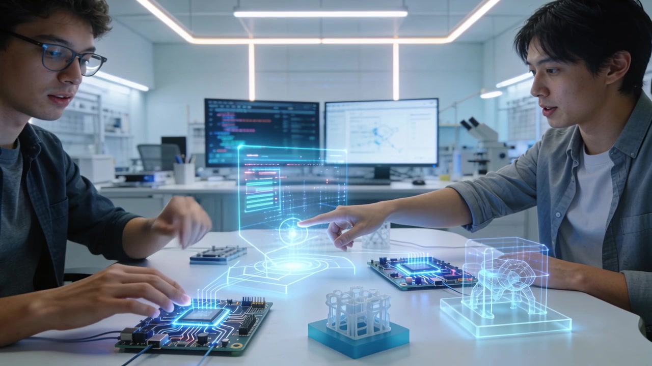 Tapping left man and pointing right man prototyping at lab bench, with circuit boards and holograms