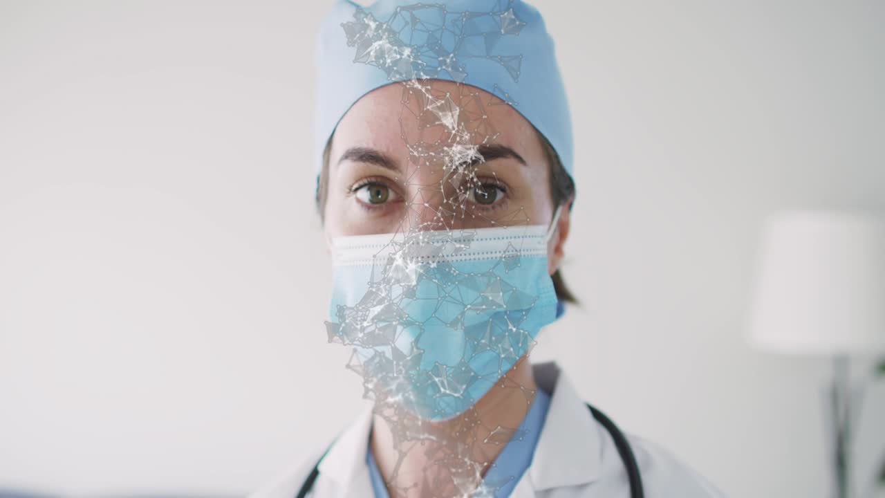 Female doctor holding gaze, crystal overlay appearing, expanding over mask and cap for medical demo