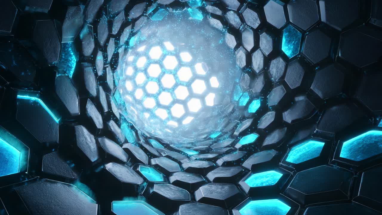 A mesmerizing digital tunnel that showcases a futuristic design with illuminated hexagonal patterns and glowing elements, creating a captivating visual experience with depth and intrigue
