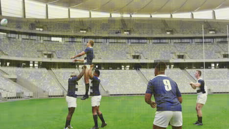 animation of colourful squares over male rugby players at stadium