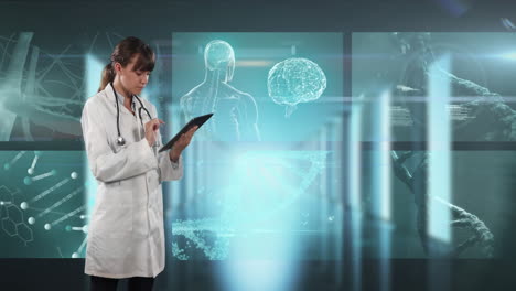 animation of female doctor using a digital tablet over scientist screens