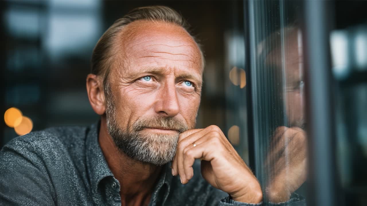 Un momento di riflessione: Un uomo pensieroso contempla la vita mentre guarda fuori da una finestra, immerso in pensieri introspettivi e profonda riflessione sul suo percorso.