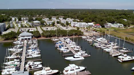 Aerial-over-marina-along-the-cape-fear-river-in-southport-nc,-north-carolina