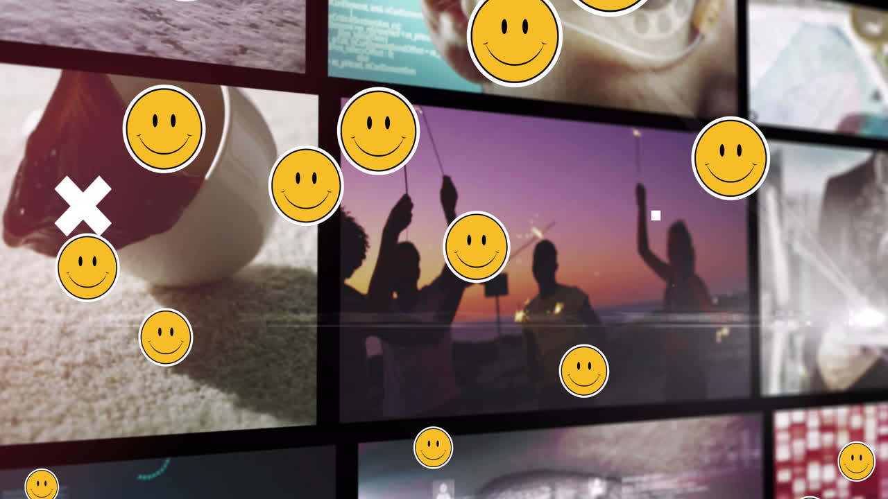 검은색 배경의 화면 위에 떨어지는 이모지 애니메이션