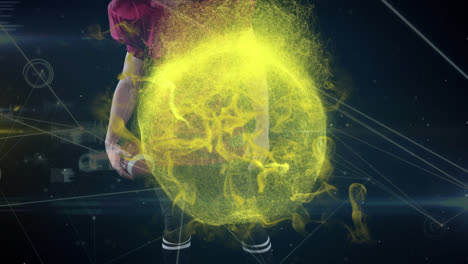 animación de humo amarillo y procesamiento de datos sobre la sección media del jugador de fútbol americano