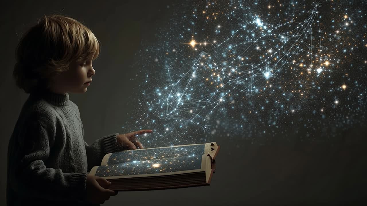 Child explores a universe of stars through an open book