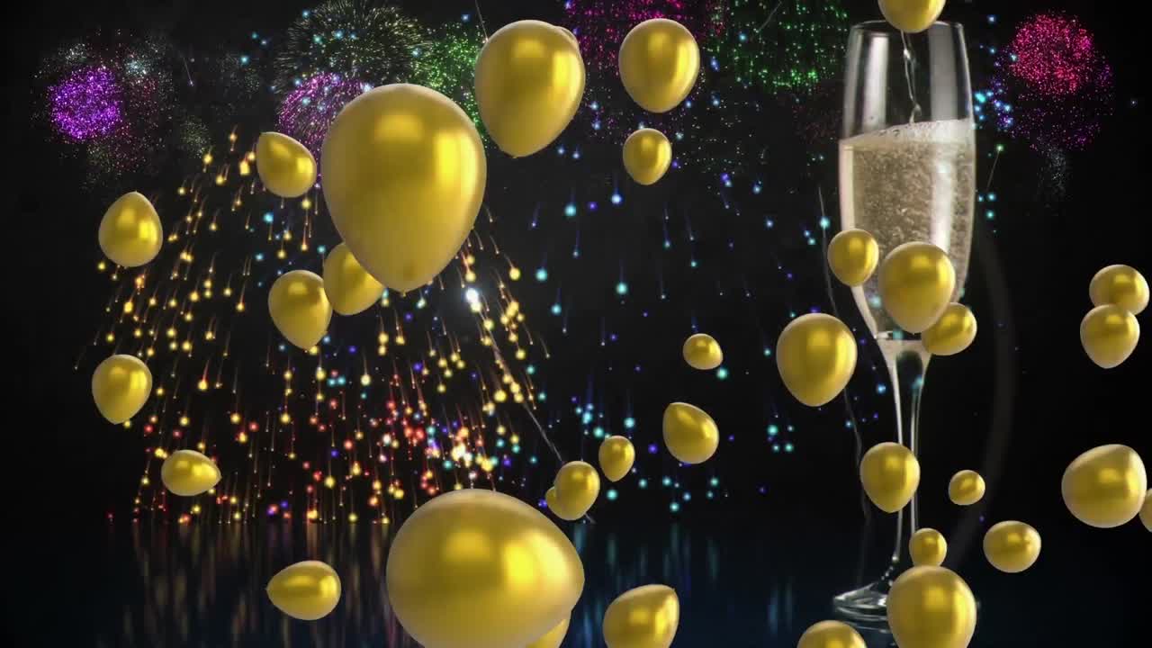 animación de globos de oro, champán y fuegos artificiales sobre fondo negro