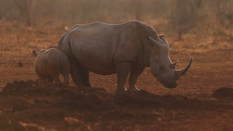 a female rhino and her calf, ceratherium simun slowly mill around a waterhole in the late afternoon waiting to drink at zimanga private game reserve in the