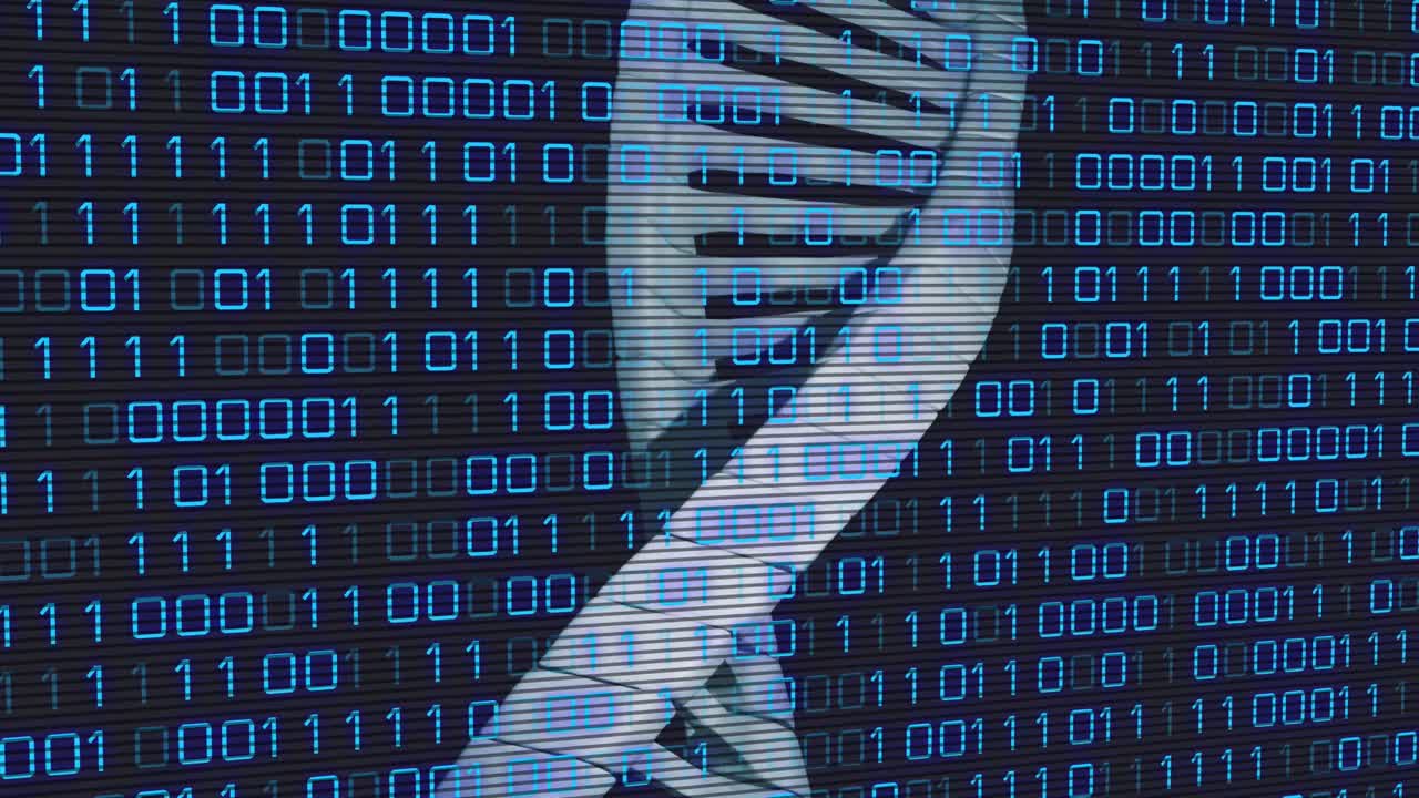 Animation of data processing over dna strand on black background