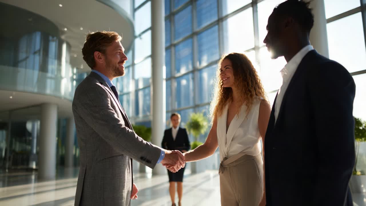 Business handshake in a modern office lobby