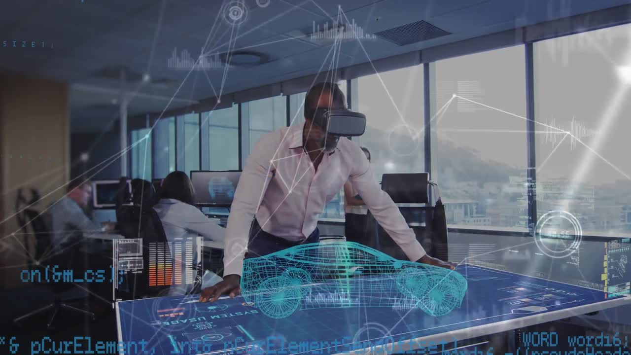 Digital composite video of data processing and 3D car drawing against man wearing a Virtual Reality