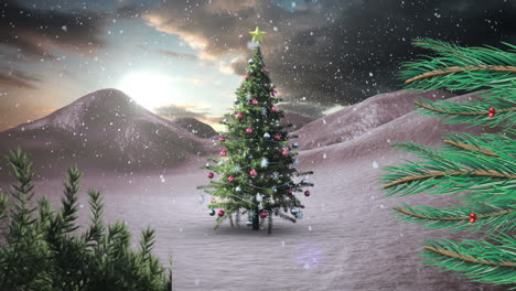 animación de nieve cayendo sobre el árbol de navidad en el paisaje de invierno