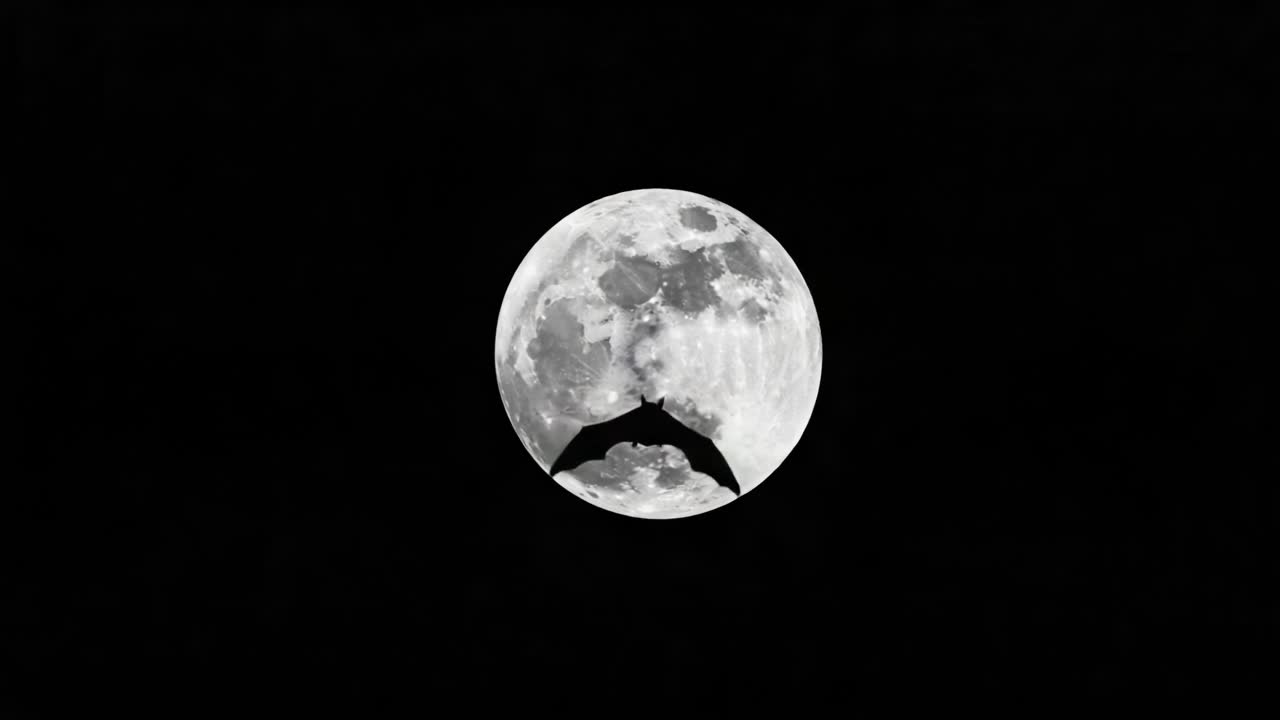 A Mysterious Night Scene Showing a Bat Silhouetted Against the Bright Full Moon, Creating an Eerie and Enigmatic Atmosphere in the Dark Sky