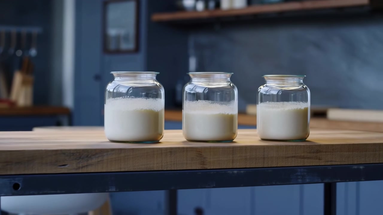 Drie korte transparante glazen potten, elk gevuld met romige witte vloeistof met delicaat schuim bovenaan, staan in een gelijkmatig verdeelde rij op een robuust houten aanrecht in een moderne keuken met een vervaagde achtergrond.