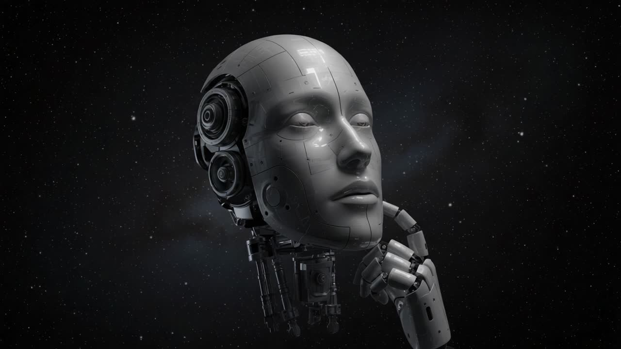 A Futuristic Robotic Head Surrounded by Stars: Exploring the Intersection of Technology and Humanity in a Vast Cosmic Landscape
