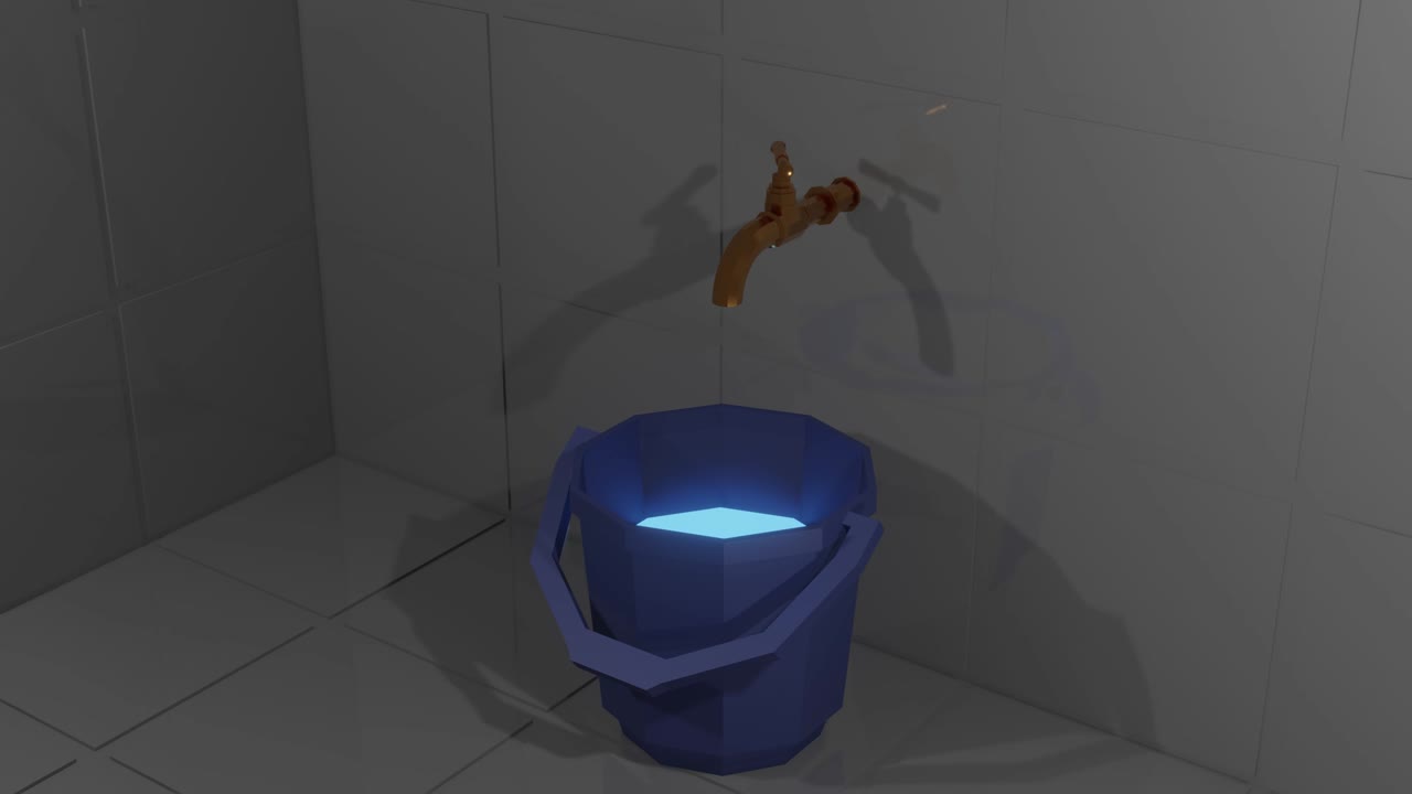 gotas de agua brillantes azules que caen de un grifo de agua dorado, en un cubo azul de plástico. animación renderizada en 3d en bucle.
