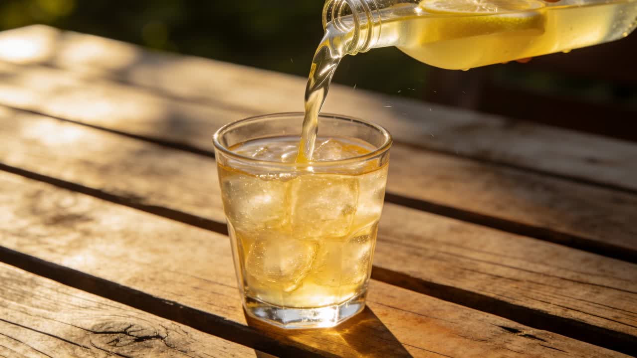 Mano che inclina la bottiglia, versando limonata in un bicchiere, con goccioline animate che seguono il flusso, per una pubblicità di bevande.