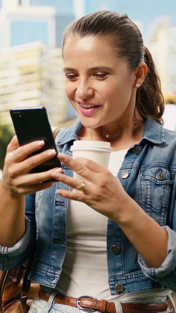 Video verticale. Donna soddisfatta che trova buone notizie mentre controlla un'app sullo smartphone