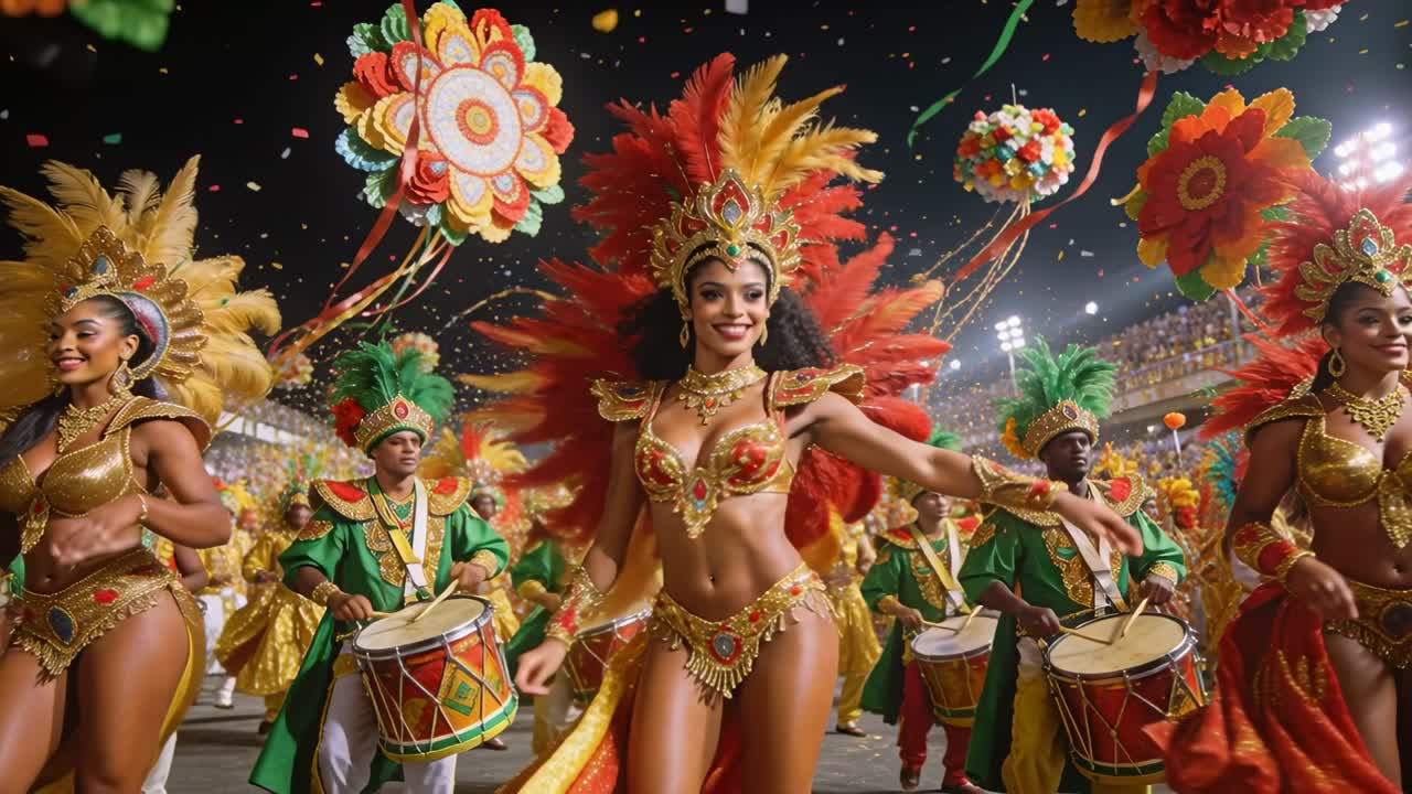 Drummers starting lead dancer leading troupe waving and dancing at parade feathers confetti falling