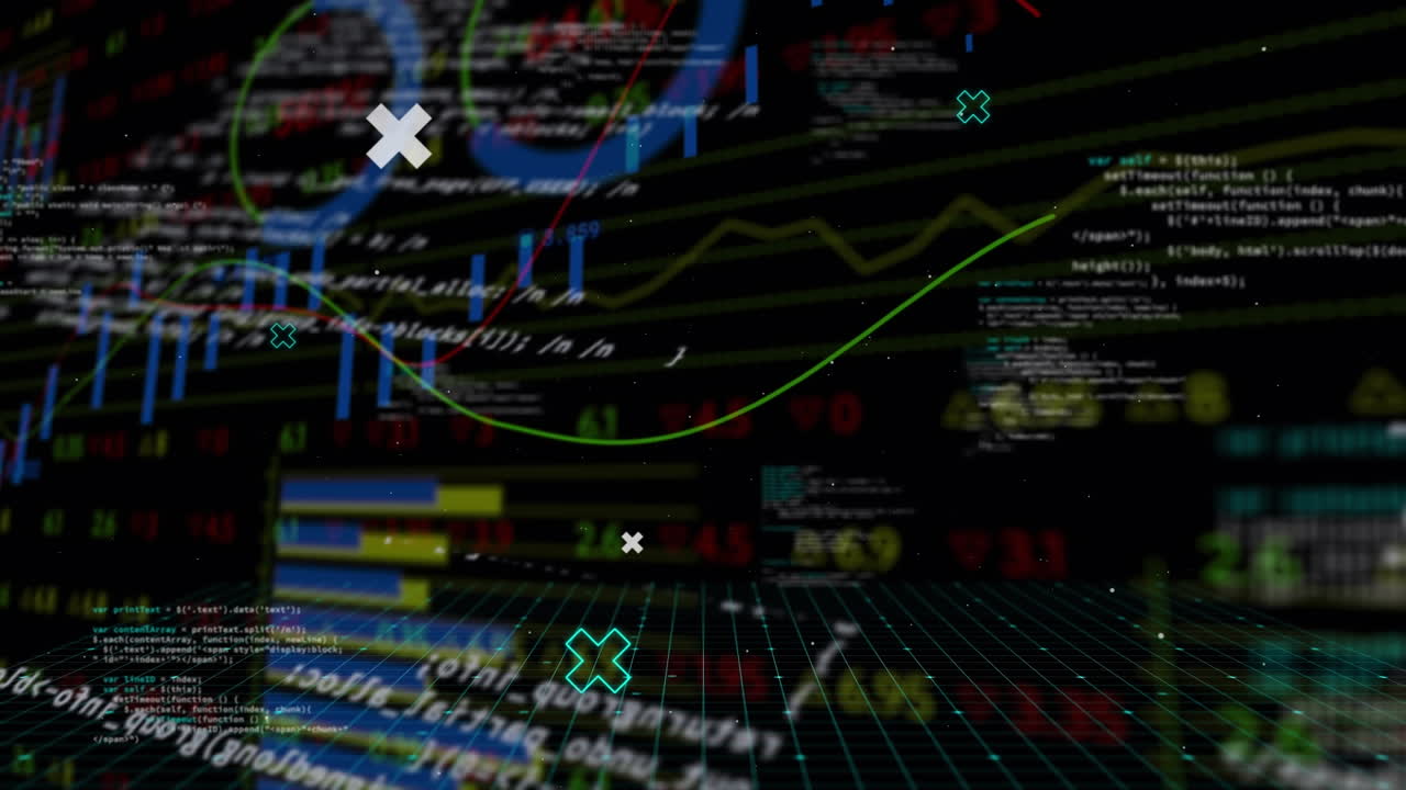 검은색 배경에 있는 데이터 처리 및 다이어그램의 애니메이션