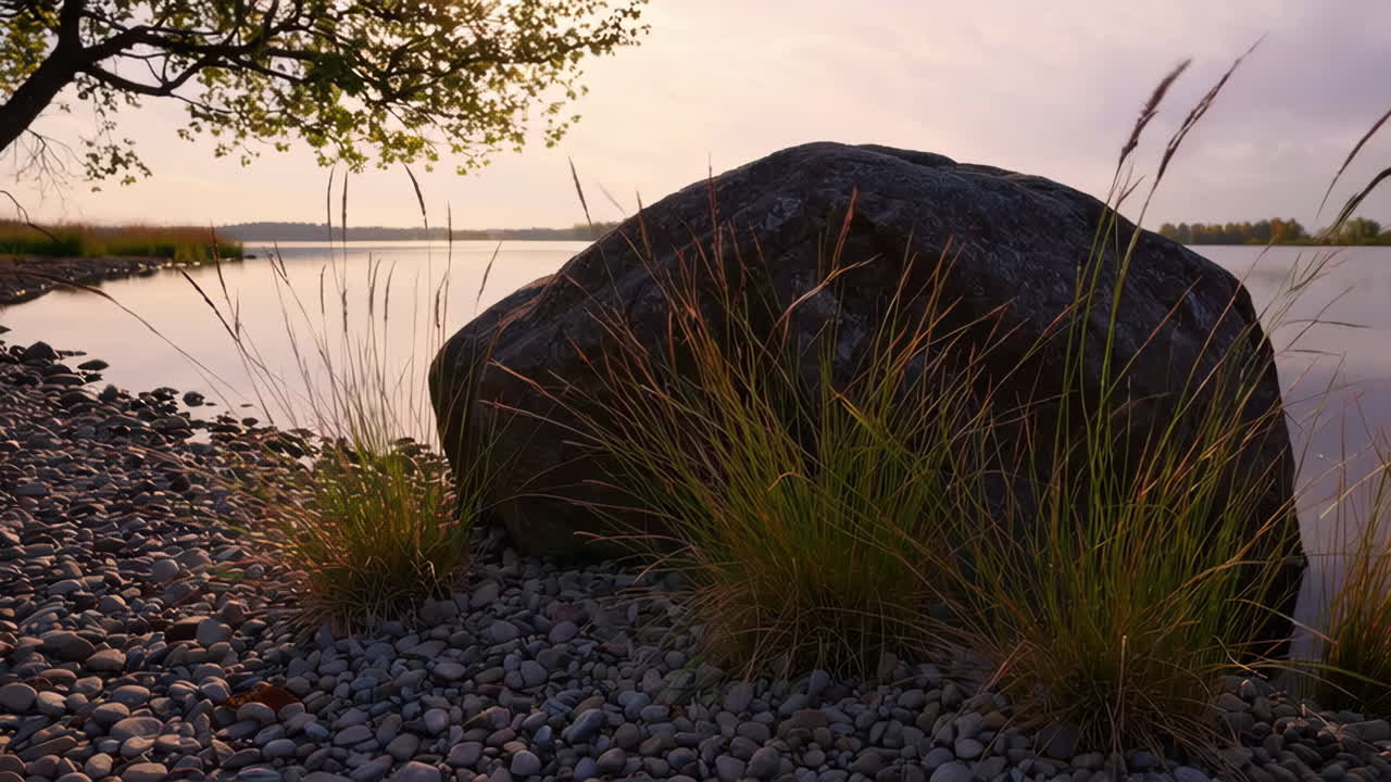 Peaceful Lakeside Sunrise/Sunset with Large Rock