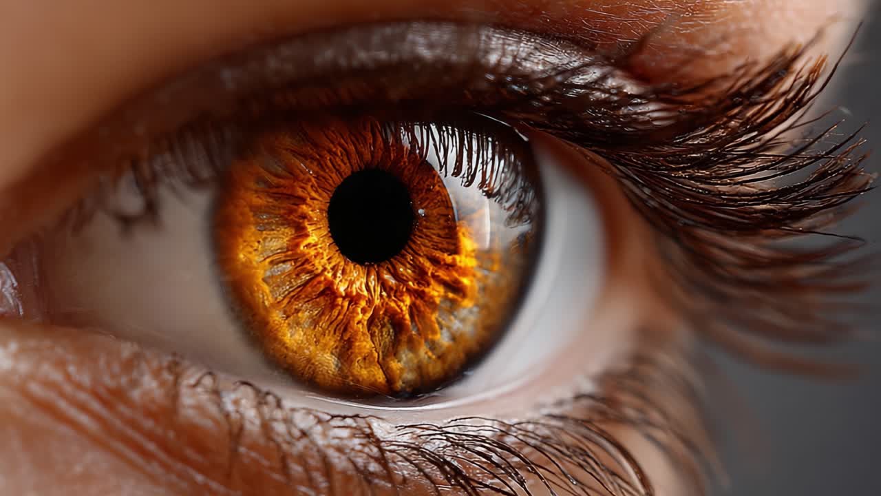 Primo piano di un occhio affascinante con motivi intricati e sorprendenti tonalità ambra, catturato con dettagli mozzafiato, che esalta la bellezza della visione umana.