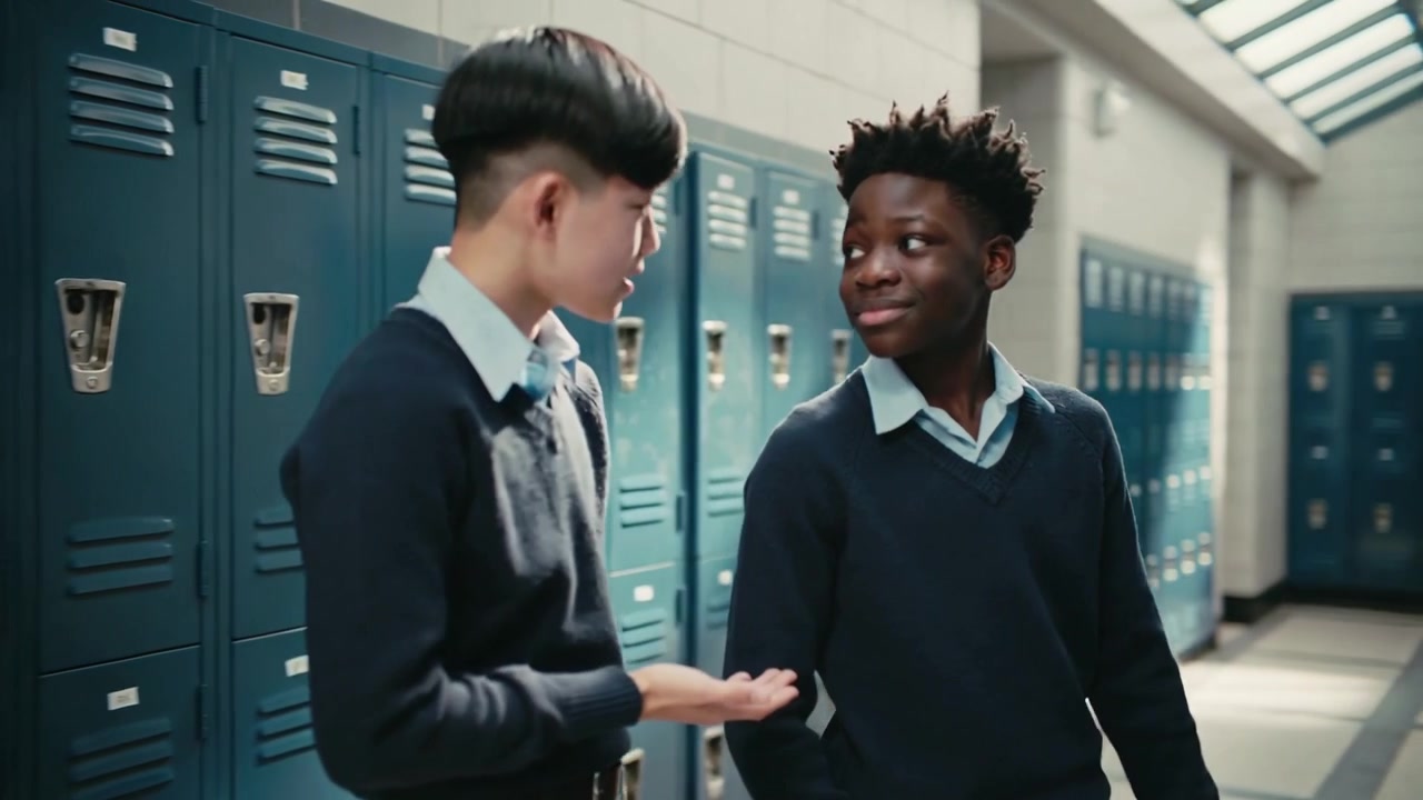 Starting chat left student in uniform telling joke while walking in school corridor, teal lockers